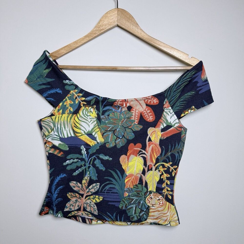 Maeve Anthropologie Tiger Jungle Top Small Off Shoulder Tropical Botanical
